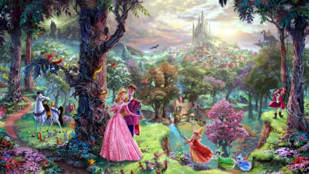 HD wallpaper featuring Prince Phillip and Aurora from Disney's Sleeping Beauty (1959), set in a vibrant, magical forest with the castle in the background.