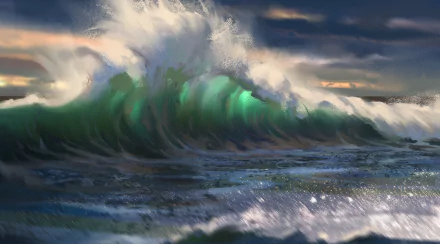 Artistic HD desktop wallpaper depicting powerful ocean waves under a dramatic sky, capturing the dynamic beauty of the sea in a vivid painting style.