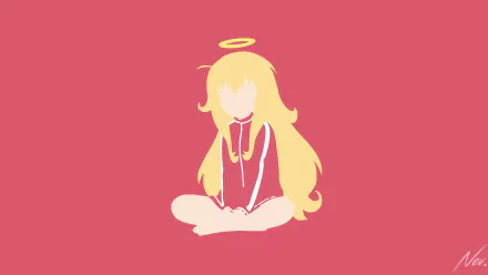 Minimalist 4K Ultra HD anime wallpaper of Gabriel Tenma White from Gabriel DropOut, featuring her sitting cross-legged with a halo against a solid pink background.