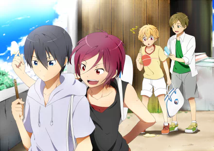 HD anime desktop wallpaper featuring Makoto Tachibana, Haruka Nanase, Rin Matsuoka, and Nagisa Hazuki from Free! in a casual outdoor setting.
