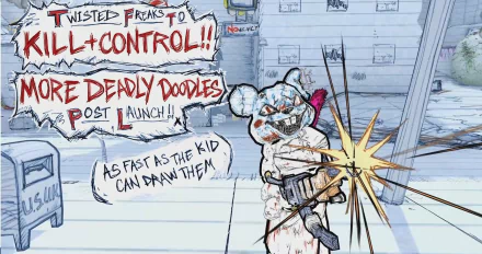 HD desktop wallpaper from Drawn to Death featuring a sketched warrior character in a dynamic pose with a weapon, set against a doodle-filled background.