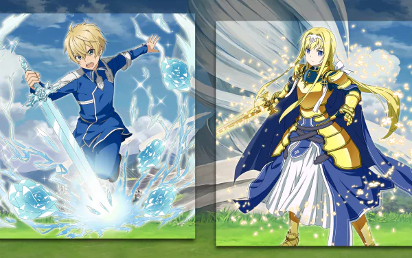 HD PC wallpaper featuring Eugeo and Alice Zuberg from Sword Art Online: Alicization, both with blue eyes and blonde long hair, depicted as warrior characters with the Blue Rose Sword.