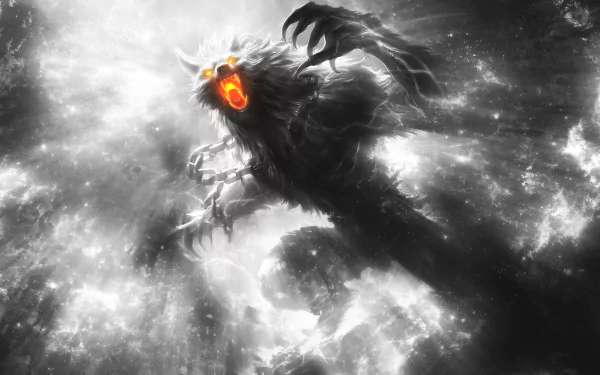 HD PC desktop wallpaper featuring Fenrir from the video game Smite, depicted as a dark, fierce wolf with glowing orange eyes against a misty background.