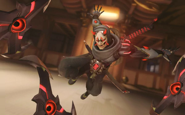 HD wallpaper of Genji Shimada from Overwatch in dynamic action pose, surrounded by shurikens in a traditional Japanese setting.