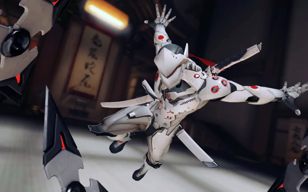 This HD desktop wallpaper features Genji Shimada from the video game Overwatch in dynamic action, showcasing his iconic cyborg ninja suit and shurikens against a traditional Japanese backdrop.