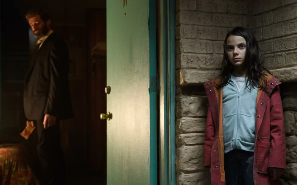 A high-definition desktop wallpaper featuring Hugh Jackman as Logan and Dafne Keen as X-23/Laura Kinney from the movie Logan. Jackman stands inside a dimly lit room, while Keen stands outside in a red coat.