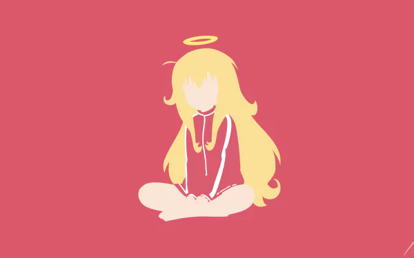 Minimalist 4K Ultra HD anime wallpaper of Gabriel Tenma White from Gabriel DropOut, featuring her sitting cross-legged with a halo against a solid pink background.
