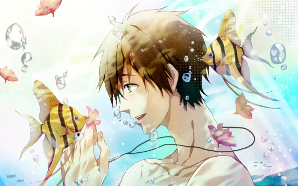 HD PC desktop wallpaper featuring Makoto Tachibana from the anime Free!, surrounded by water, colorful fish, and bubbles in a serene underwater scene.