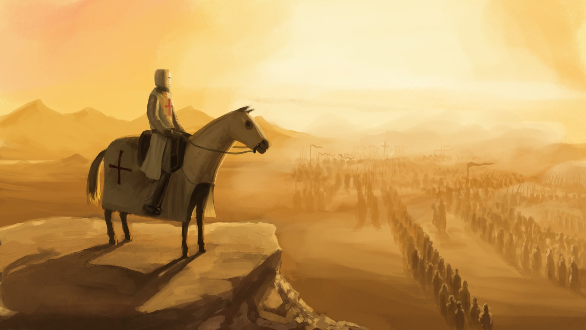 HD fantasy desktop wallpaper depicting a knight on horseback overlooking a vast desert landscape with an army assembled below, evoking a crusade warrior scene.