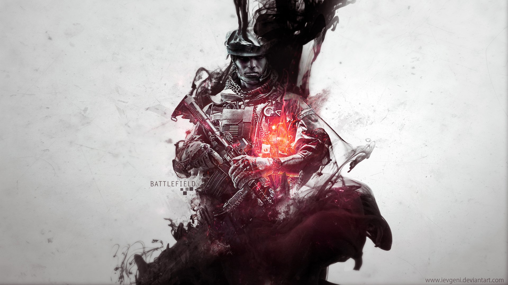 HD PC desktop wallpaper featuring a stylized soldier from the video game Battlefield 4, with dark smoke effects and a glowing red light on the chest.