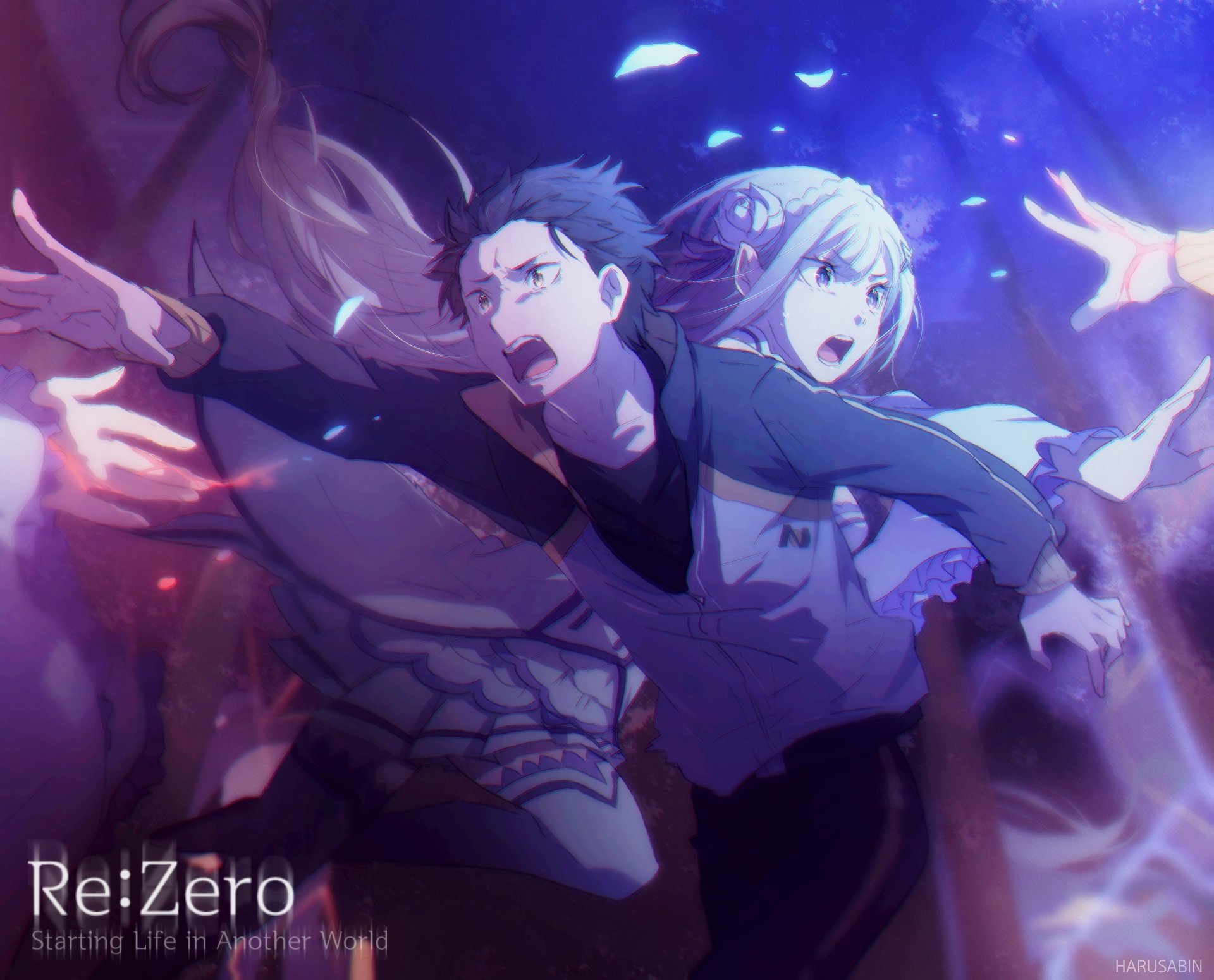 HD desktop wallpaper featuring Subaru Natsuki and Emilia from the anime Re:Zero - Starting Life in Another World, both characters appearing intense and determined with dramatic lighting.