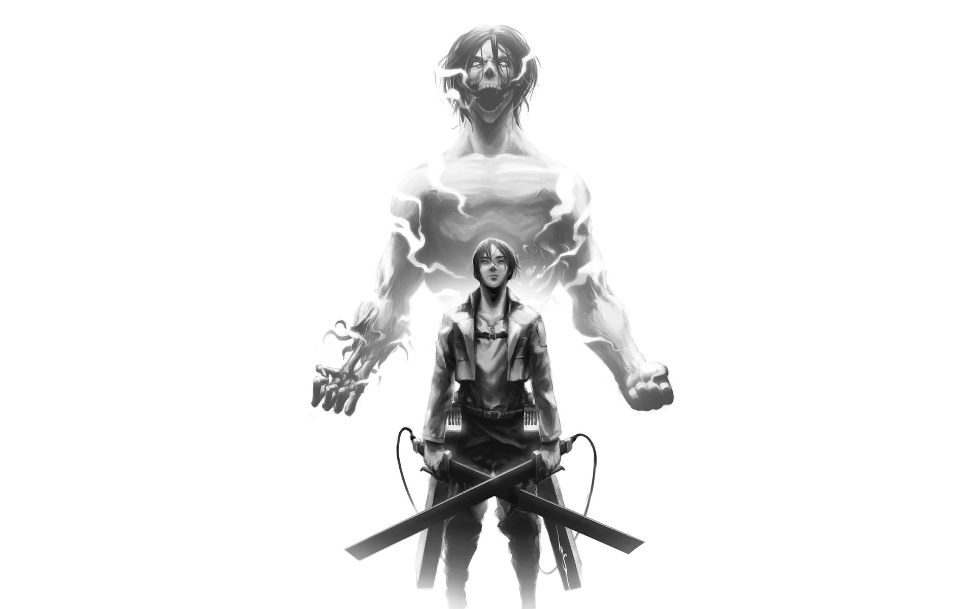 HD PC desktop wallpaper featuring Eren Yeager from the anime Attack on Titan with a dramatic black and white silhouette design.