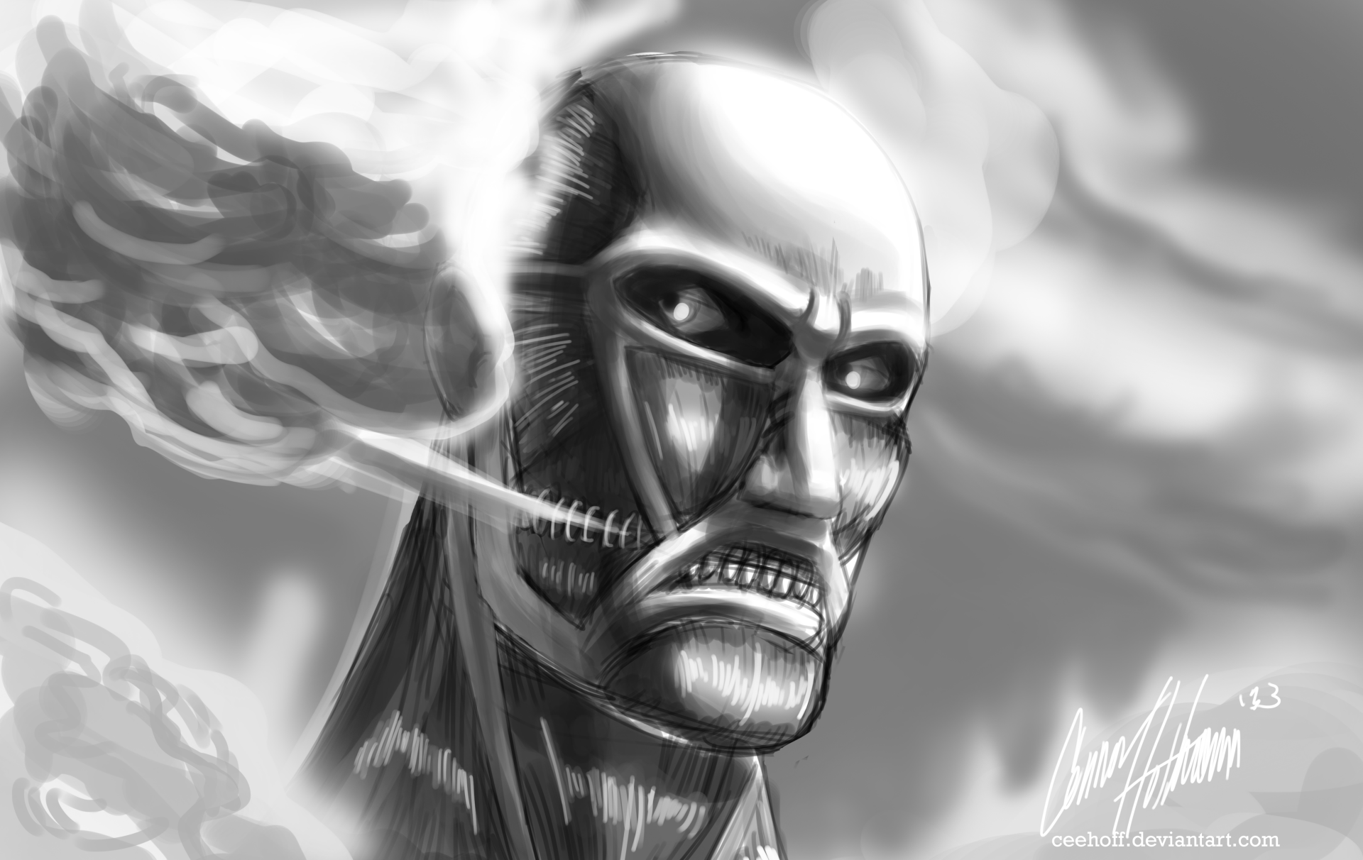 4K Ultra HD anime wallpaper featuring a detailed black-and-white illustration of the Attack on Titan Titan character against a cloudy sky background.