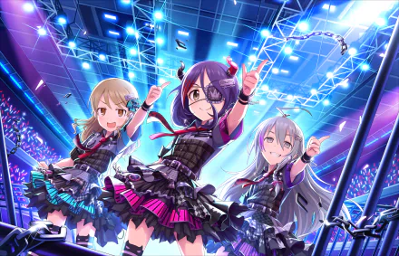 HD wallpaper of Nono Morikubo, Syoko Hoshi, and Mirei Hayasaka from THE iDOLM@STER: Cinderella Girls Starlight Stage, featuring the trio performing on a brightly lit stage.