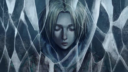 HD anime desktop wallpaper featuring Annie Leonhart from Attack on Titan, depicted with a solemn expression behind cracked glass shards.