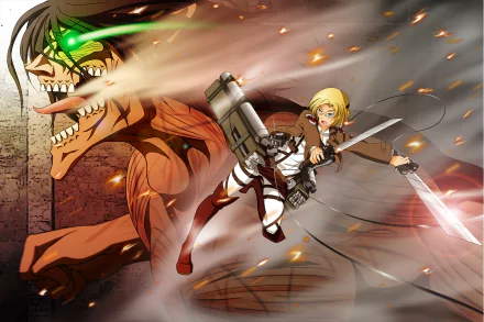 HD PC desktop wallpaper of Attack on Titan: Eren Yeager's roaring titan looms as Rico Brzenska lunges with ODM gear and twin blades in dynamic anime action.