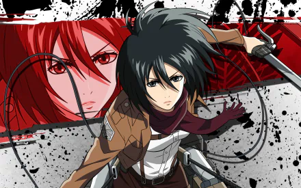 HD desktop wallpaper of Mikasa Ackerman from the anime Attack on Titan, featuring an action pose and a background with her intense red-eyed image.