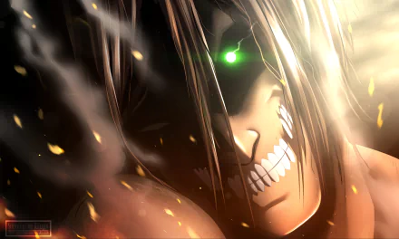 HD desktop wallpaper featuring Eren Yeager from Attack on Titan, showcasing his intense expression and glowing green eye in a dramatic, smoky background.