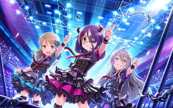 HD wallpaper of Nono Morikubo, Syoko Hoshi, and Mirei Hayasaka from THE iDOLM@STER: Cinderella Girls Starlight Stage, featuring the trio performing on a brightly lit stage.