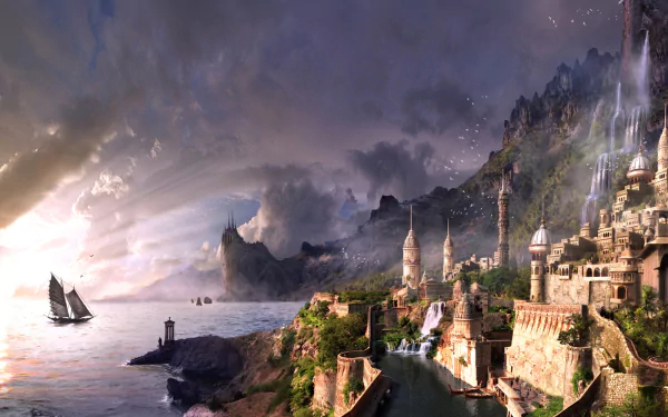 HD desktop wallpaper: an artistic fantasy landscape featuring a boat on the ocean, a majestic building complex, and dramatic, mountainous scenery under a cloudy sky.