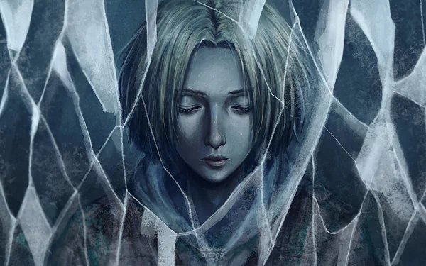 HD anime desktop wallpaper featuring Annie Leonhart from Attack on Titan, depicted with a solemn expression behind cracked glass shards.