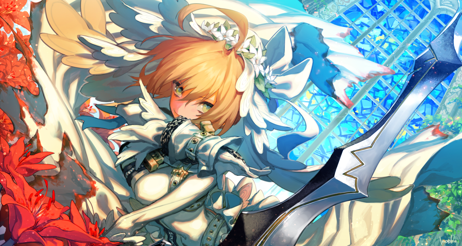 HD PC desktop wallpaper featuring Saber Bride from Fate/Grand Order in dynamic anime style with vibrant colors and intricate armor details.