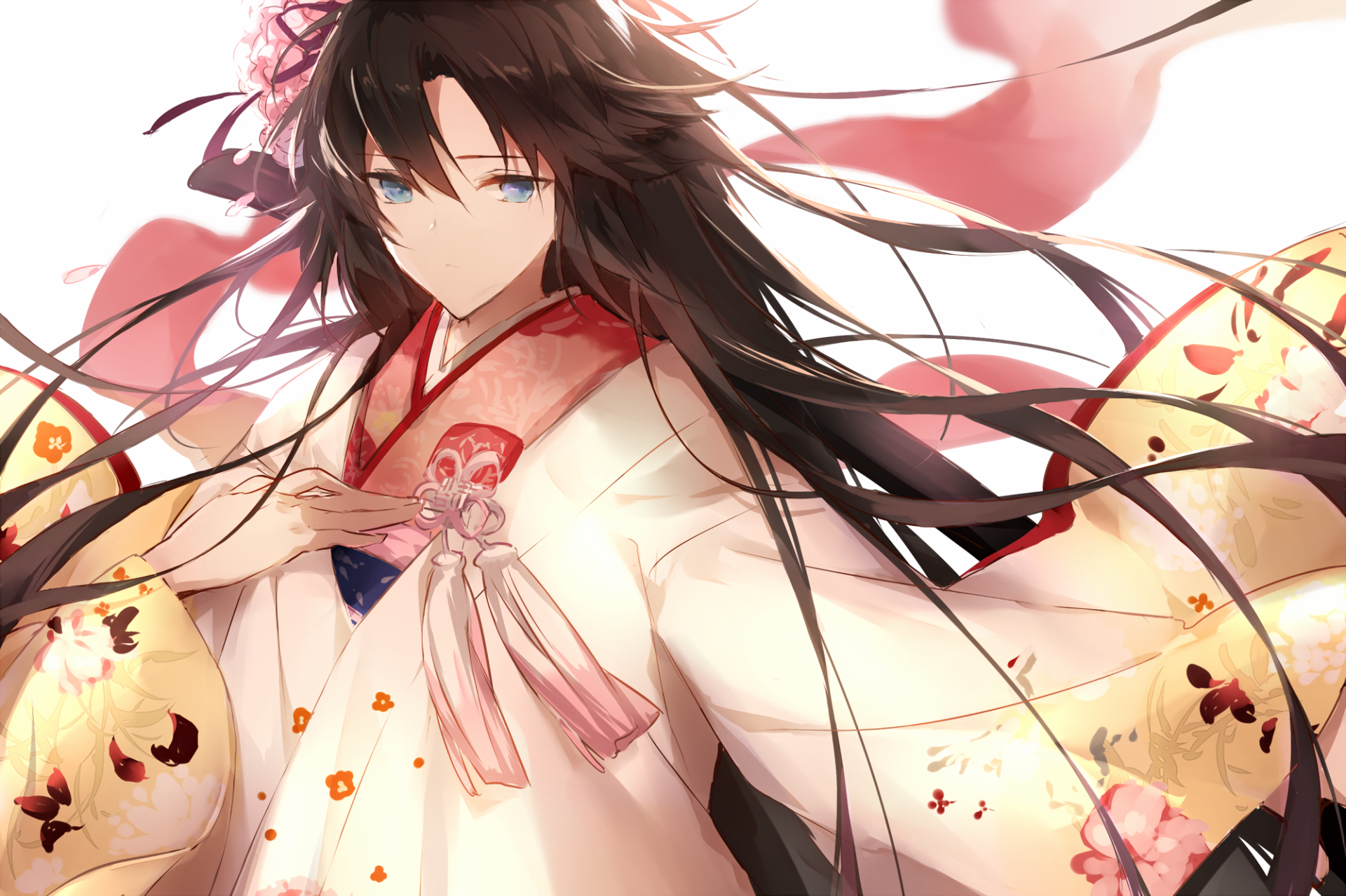HD desktop wallpaper featuring Shiki Ryougi from Fate/Grand Order, showcasing her in traditional attire with flowing hair and detailed background art.