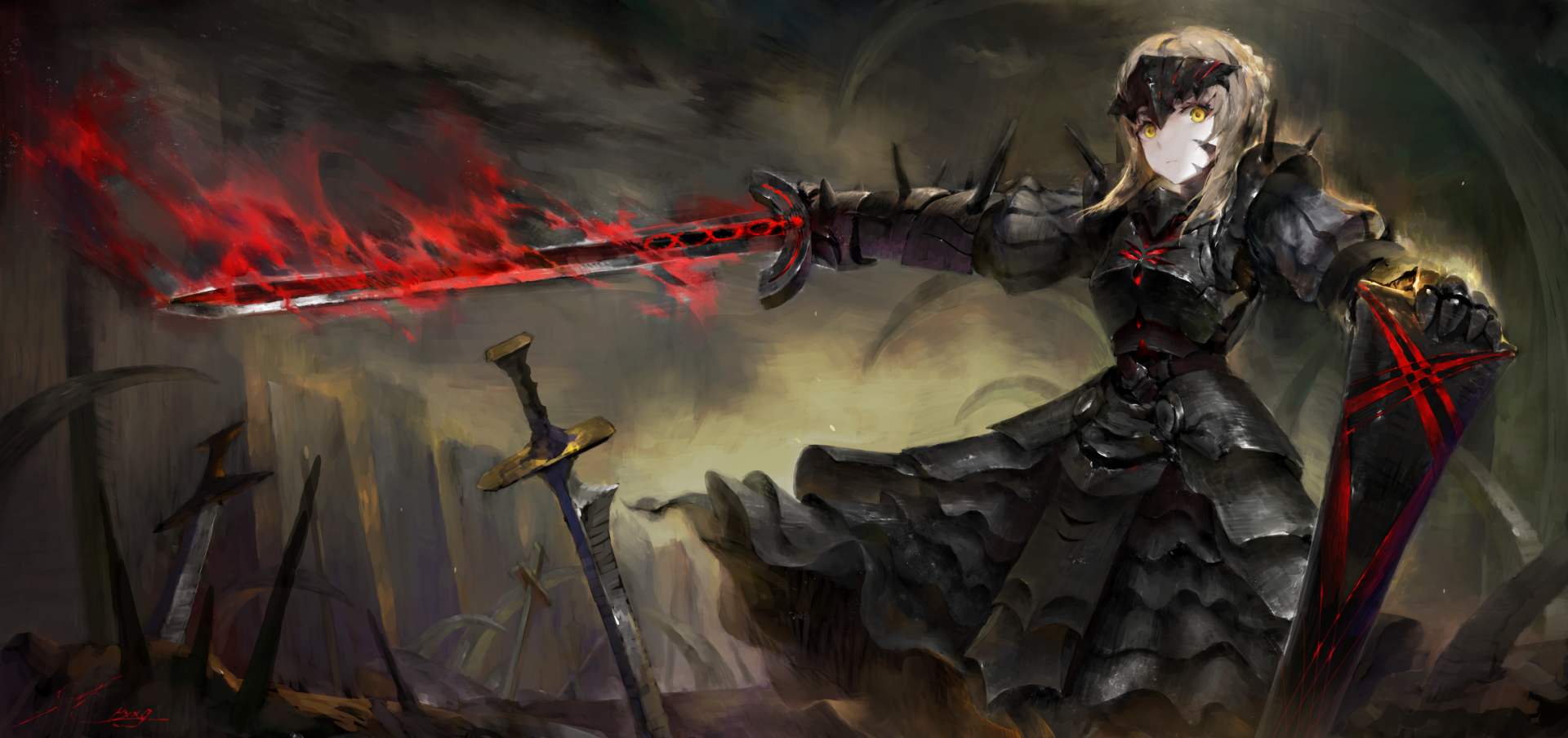 HD desktop wallpaper featuring Saber Alter from Fate/stay Night Movie: Heaven's Feel, set in a dark and dramatic anime scene with a red-glowing sword.