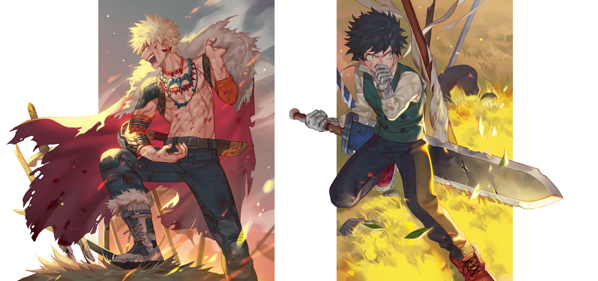 HD desktop wallpaper of Katsuki Bakugou and Izuku Midoriya from My Hero Academia, depicted in intense battle poses with vibrant colors and detailed backgrounds.