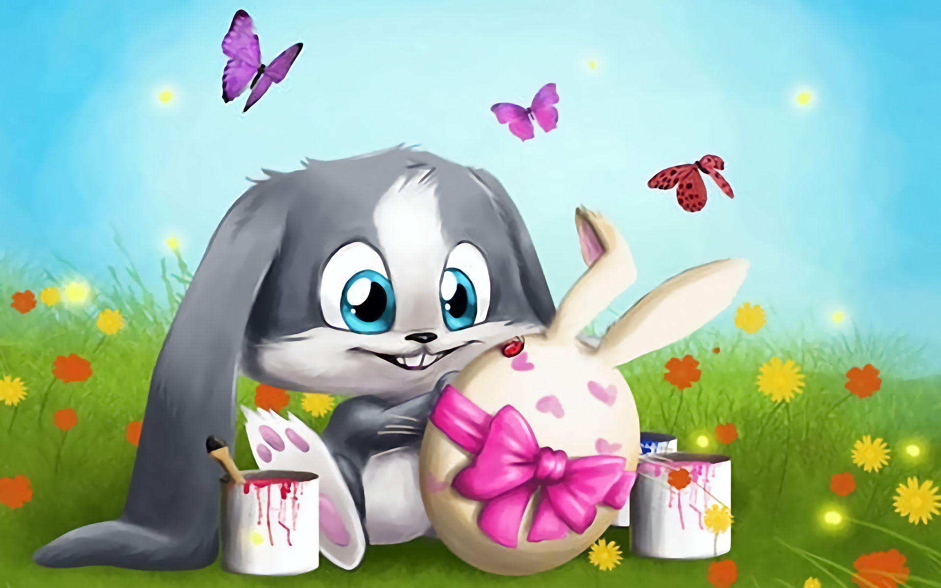 Easter Joy: Bunny Painting Eggs Amid Butterflies in a Blooming Field HD