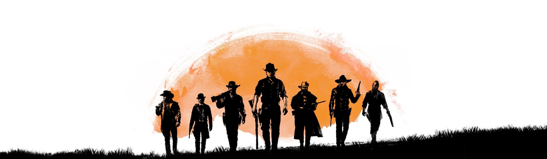 HD desktop wallpaper featuring a silhouette of characters from the video game Red Dead Redemption 2, set against an orange and white background.