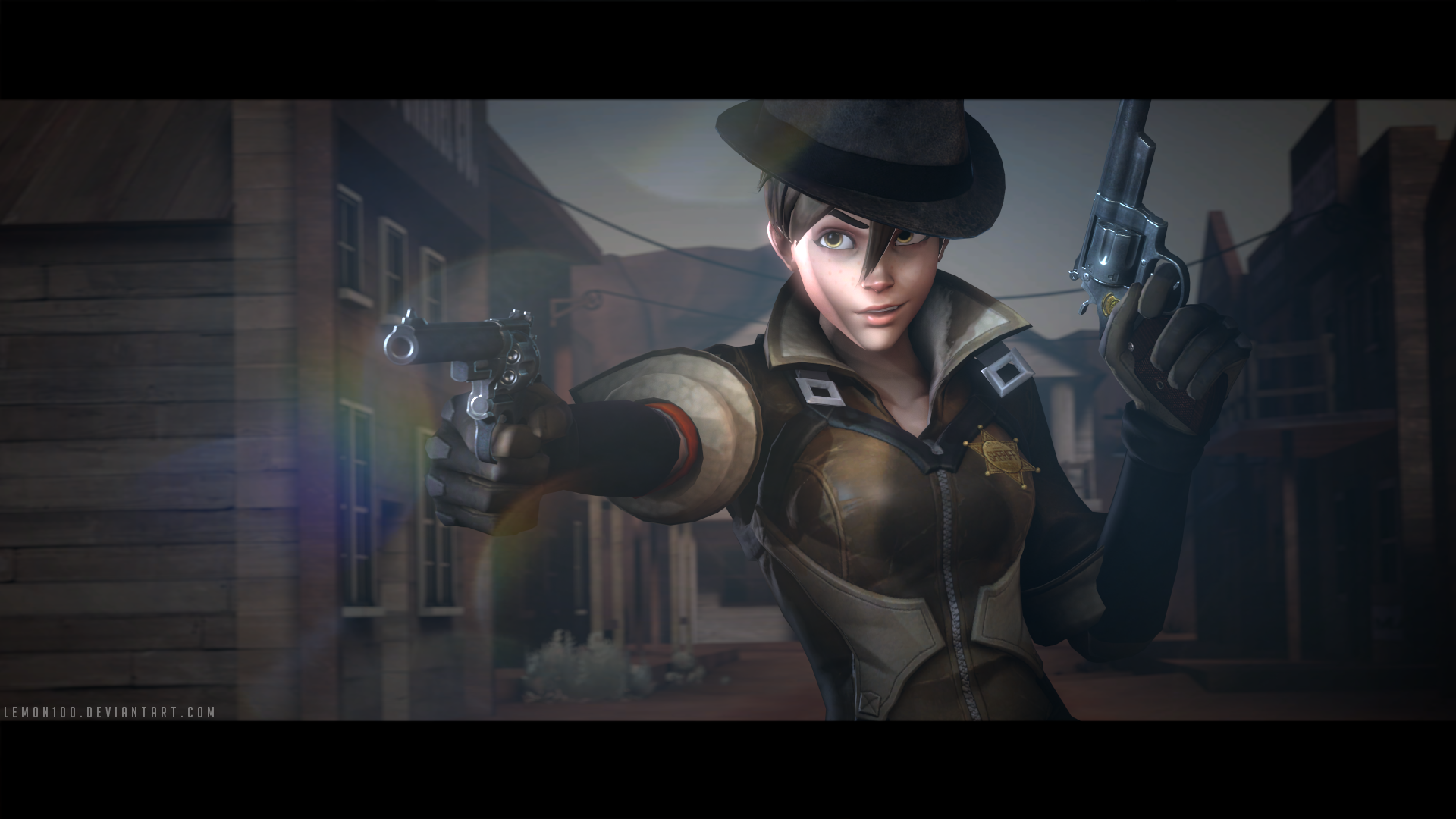 HD PC desktop wallpaper of Tracer (Overwatch) as a sheriff in a Wild West street, dual-wielding revolvers — video game Overwatch character striking a confident gunslinger pose.