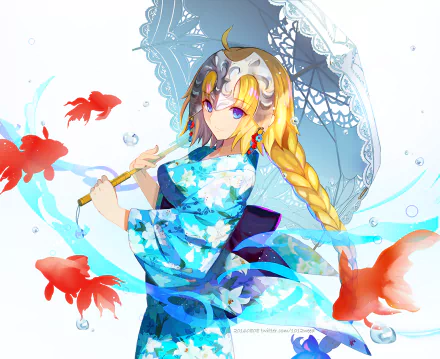 HD desktop wallpaper featuring Jeanne d'Arc from the Fate Series, particularly Fate/Grand Order, in an anime style. She holds a parasol and is surrounded by vibrant goldfish.