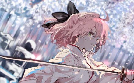 HD PC desktop wallpaper featuring Sakura Saber from Fate/Grand Order, depicted with pink hair and a sword against a soft, blooming background in anime style.