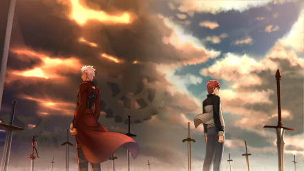 Shirou Emiya and Archer from Fate/Stay Night: Unlimited Blade Works stand back-to-back in an HD wallpaper, surrounded by swords with a dramatic sky as the backdrop.