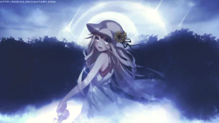 HD PC desktop wallpaper of Hibiki from Kantai Collection, showcasing anime-style art with a serene night background and a glowing full moon.