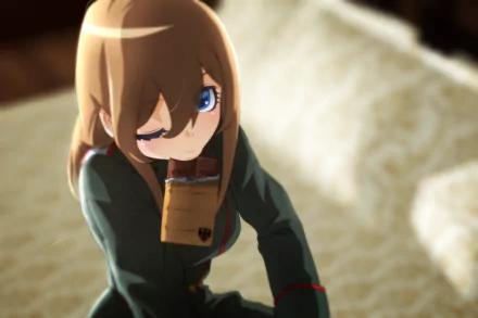 HD PC anime desktop wallpaper: Viktoriya Ivanovna Serebryakov from The Saga of Tanya the Evil, winking in a military-style uniform with blue eye against a warm, blurred bed background.