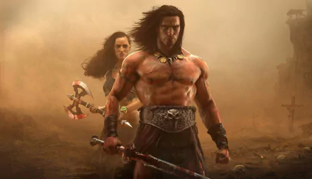 Conan Exiles video game HD PC desktop wallpaper and background: muscular barbarian with bloodied sword and female ally stride through a dust-choked, sepia battlefield.