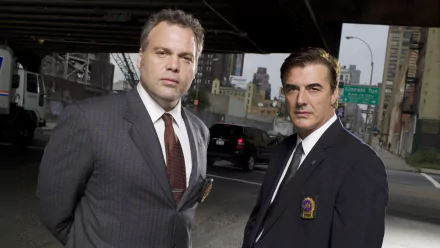 HD PC desktop wallpaper: two suited detectives from the TV show Law & Order: Criminal Intent stand beneath a city overpass, facing camera with serious expressions.