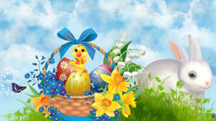 HD PC desktop wallpaper: Easter holiday scene on grass with a wicker basket of decorated eggs and a chick, daffodils and lilies of the valley, and a white bunny.