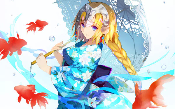 HD desktop wallpaper featuring Jeanne d'Arc from the Fate Series, particularly Fate/Grand Order, in an anime style. She holds a parasol and is surrounded by vibrant goldfish.