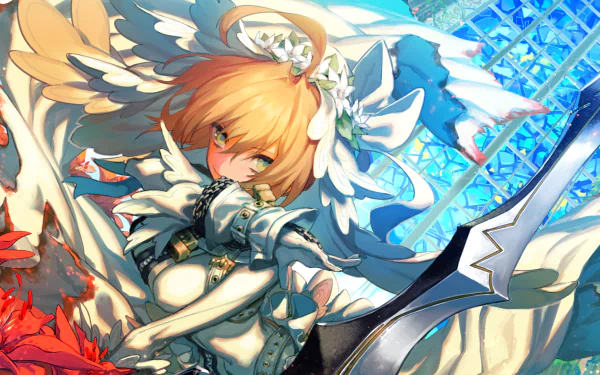 HD PC desktop wallpaper featuring Saber Bride from Fate/Grand Order in dynamic anime style with vibrant colors and intricate armor details.