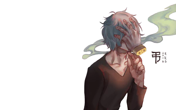 HD anime desktop wallpaper featuring Tomura Shigaraki from My Hero Academia, depicted with a hand covering his face and green smoke swirling behind him on a white background.
