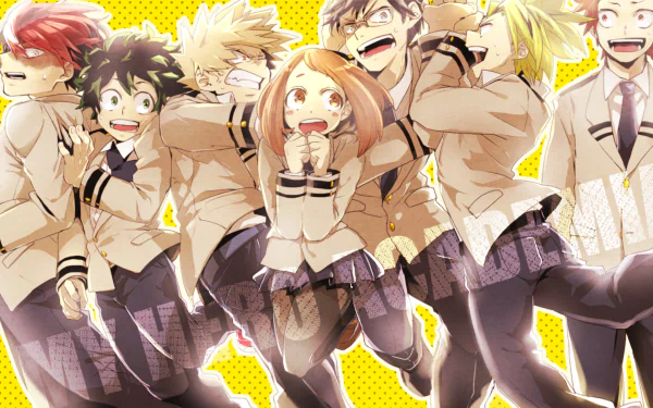HD desktop wallpaper featuring anime characters Tenya Iida, Denki Kaminari, Eijiro Kirishima, Ochaco Uraraka, Shoto Todoroki, Katsuki Bakugou, and Izuku Midoriya from My Hero Academia, against a yellow background.
