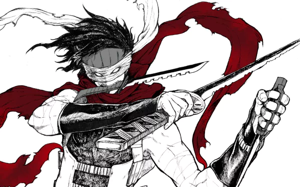 HD desktop wallpaper of a character from My Hero Academia, featuring dynamic anime art with red and black tones. The character is holding a sword with intensity.