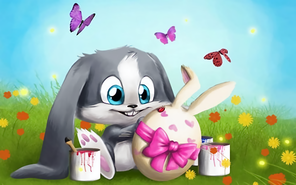 Día festivo Pascua Bunny Pintura Easter Egg Campo Flor Mariposa Fondo de pantalla HD | Fondo de Escritorio