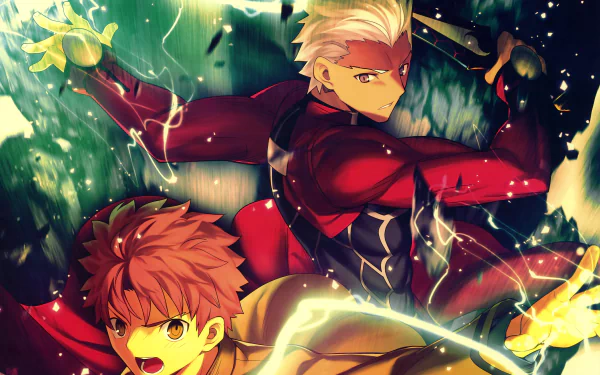 Vibrant 4K Ultra HD anime wallpaper featuring Shirou Emiya and Archer from Fate/Stay Night in dynamic action poses surrounded by glowing effects and nature elements.