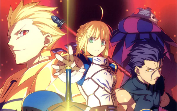 HD desktop wallpaper featuring characters Lancer, Caster, Gilgamesh, and Saber from the anime series Fate/Zero, with a vivid and dynamic background.