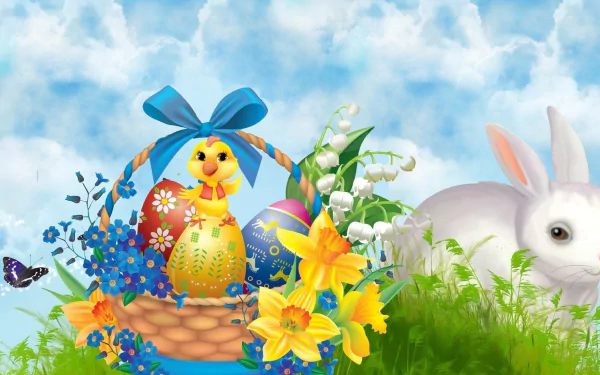 HD PC desktop wallpaper: Easter holiday scene on grass with a wicker basket of decorated eggs and a chick, daffodils and lilies of the valley, and a white bunny.