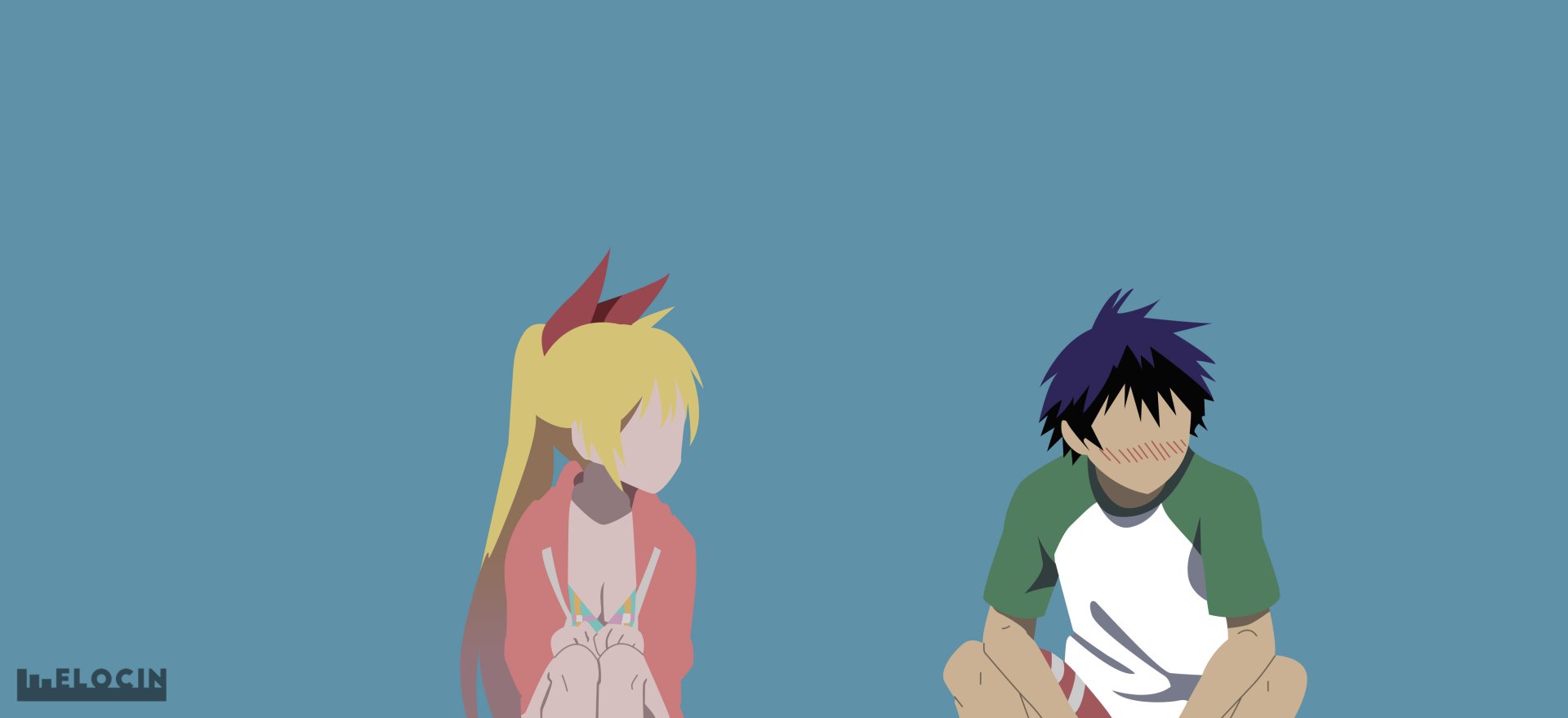 Minimalist 4K Ultra HD anime wallpaper featuring faceless Raku Ichijō and Chitoge Kirisaki from Nisekoi, set against a solid blue background.